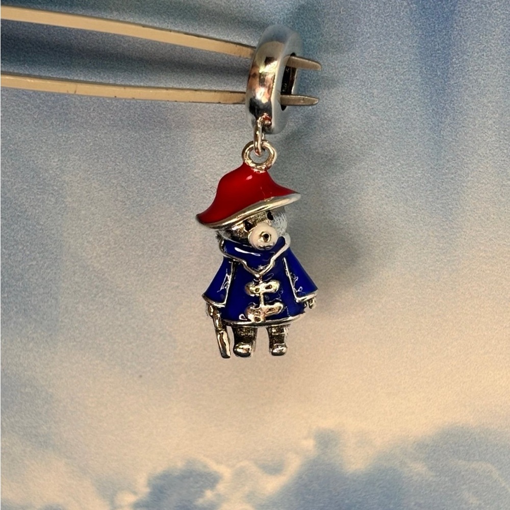 Sterling silver Paddington Bear raincoat Red and Blue Bear Charm Pendant
